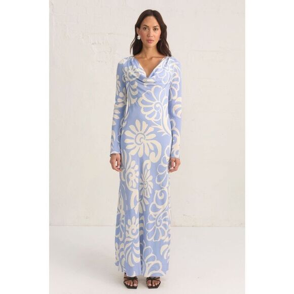 MØN RENN Eden Sleeved Maxi Dress In Blue Floral Summer Vacation  size S NWT - Picture 3 of 8